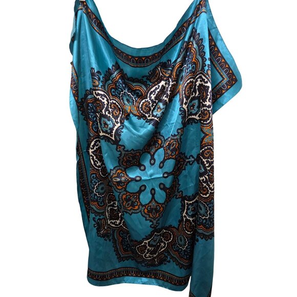Vintage M.O.S. Paisley Teal & Orange Silk-Like Scarf With Ornate Design Size 35x - Picture 1 of 6